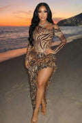 One Shoulder Leopard Print Ruffle Hem Vacation Maxi Dresses-Brown