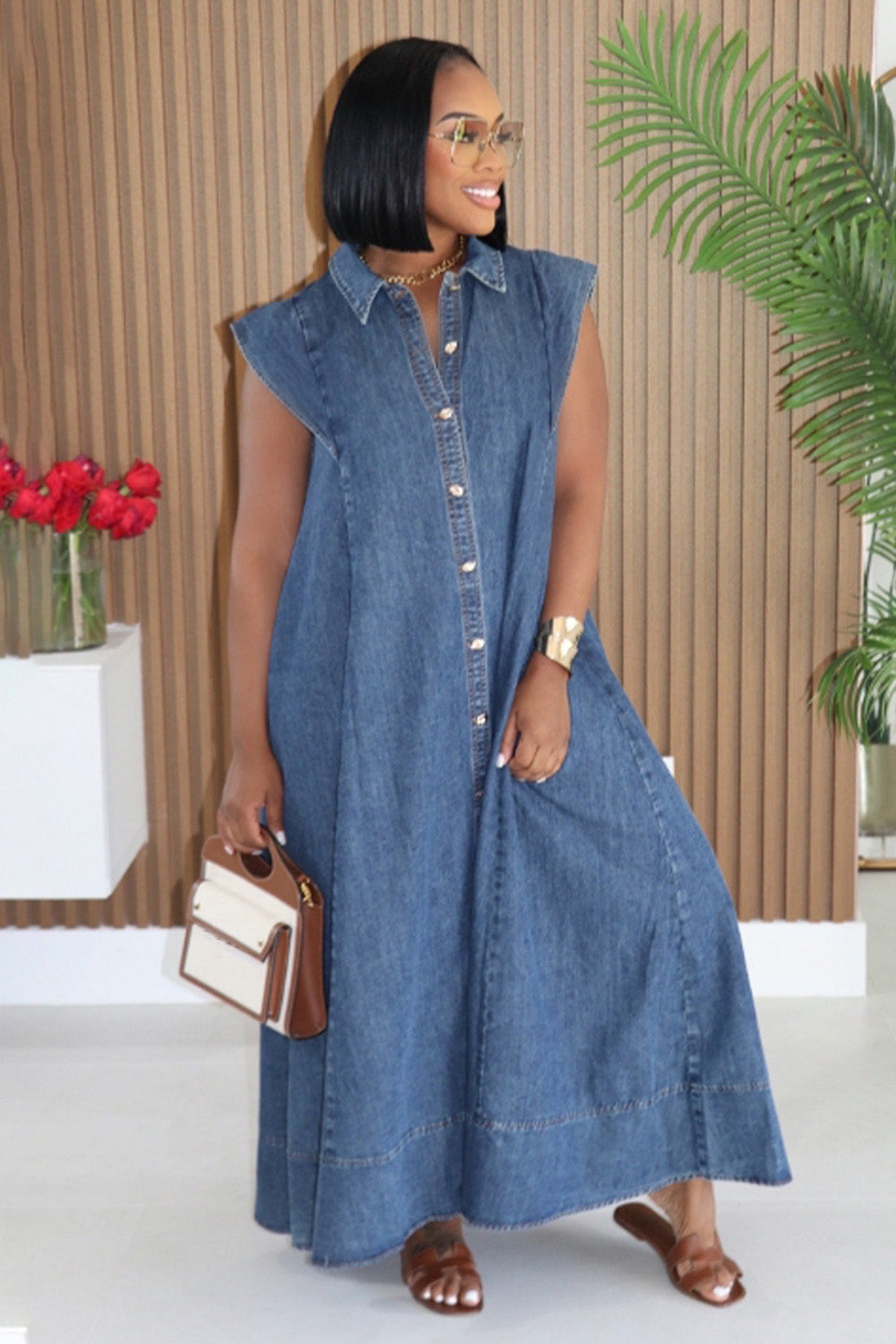 Denim Shirt Collar Cap Sleeve Slant Pocket Loose Casual Maxi Dresses-Blue