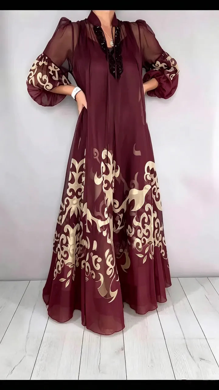 Women's V-neck Chiffon Printed Dress Set