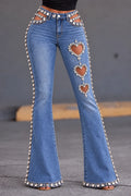 Crystal Heart Cutout Flare Jeans