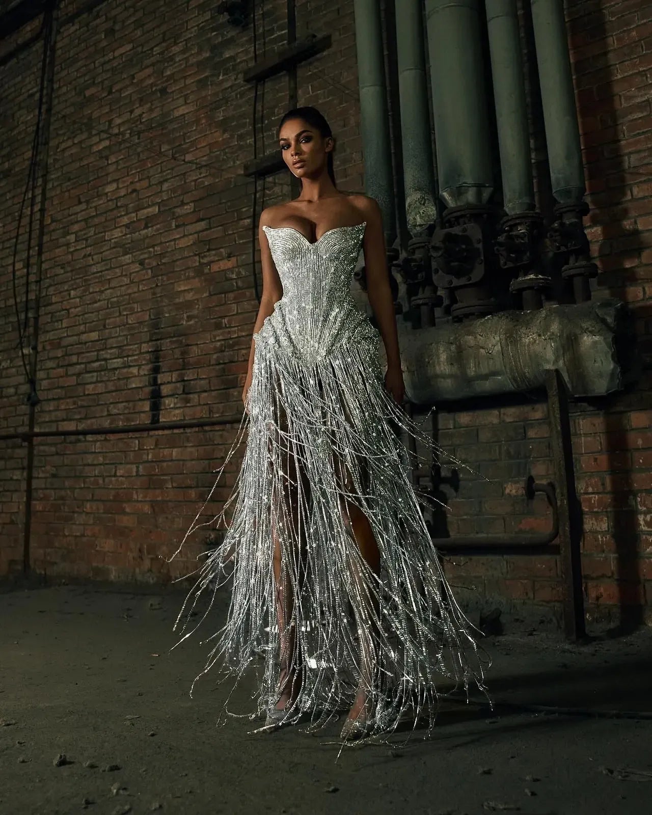 Cocoslly Strapless Sleeveless High Waist Long Prom Dress | Silver White Beading Pearls YK1253