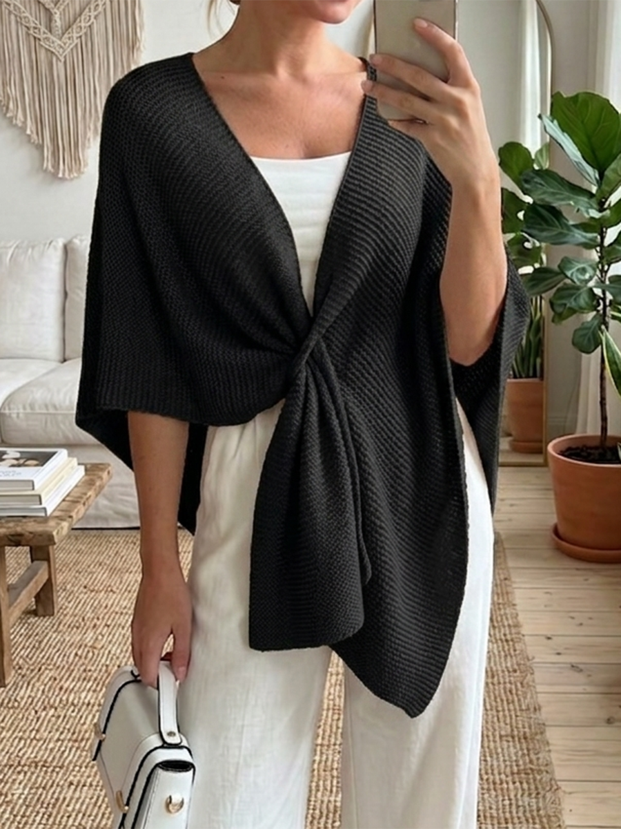 Cozy Pull-through Solid-color Knit Shawl Cardigan