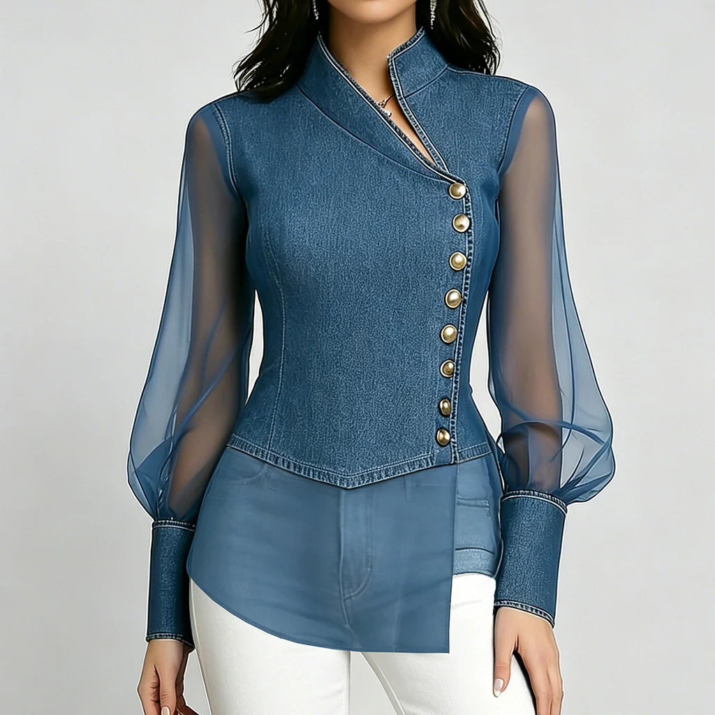 Blue Denim Sheer Mesh Blouse