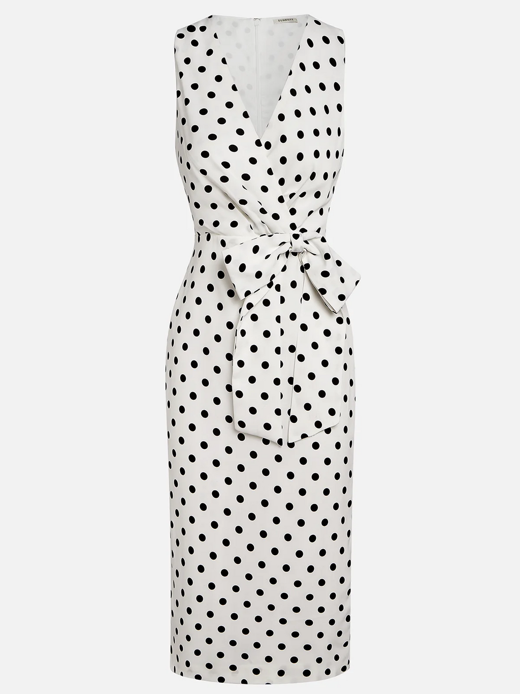 White Polka Dots Bow Classic V Neck Sleeveless Sheath Midi Dress