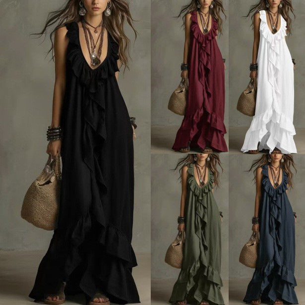 Casual Bohemian Urban V-Neck Short-Sleeved Ruffle Retro Dress