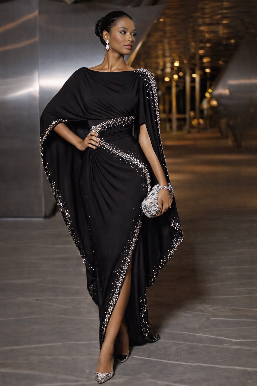Black Rhinestone Embellished Cape Sleeve High Slit Maxi Evening Dress