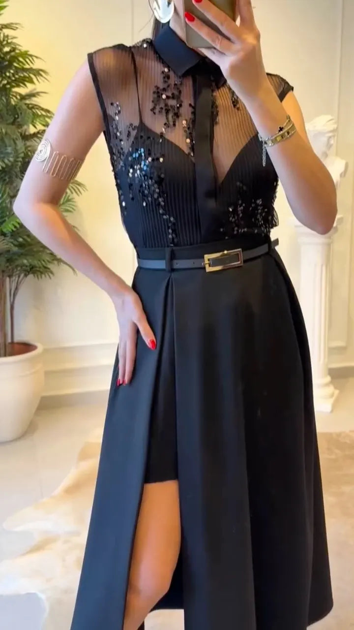 Sequin Mesh Collared Midi Dress With Belt