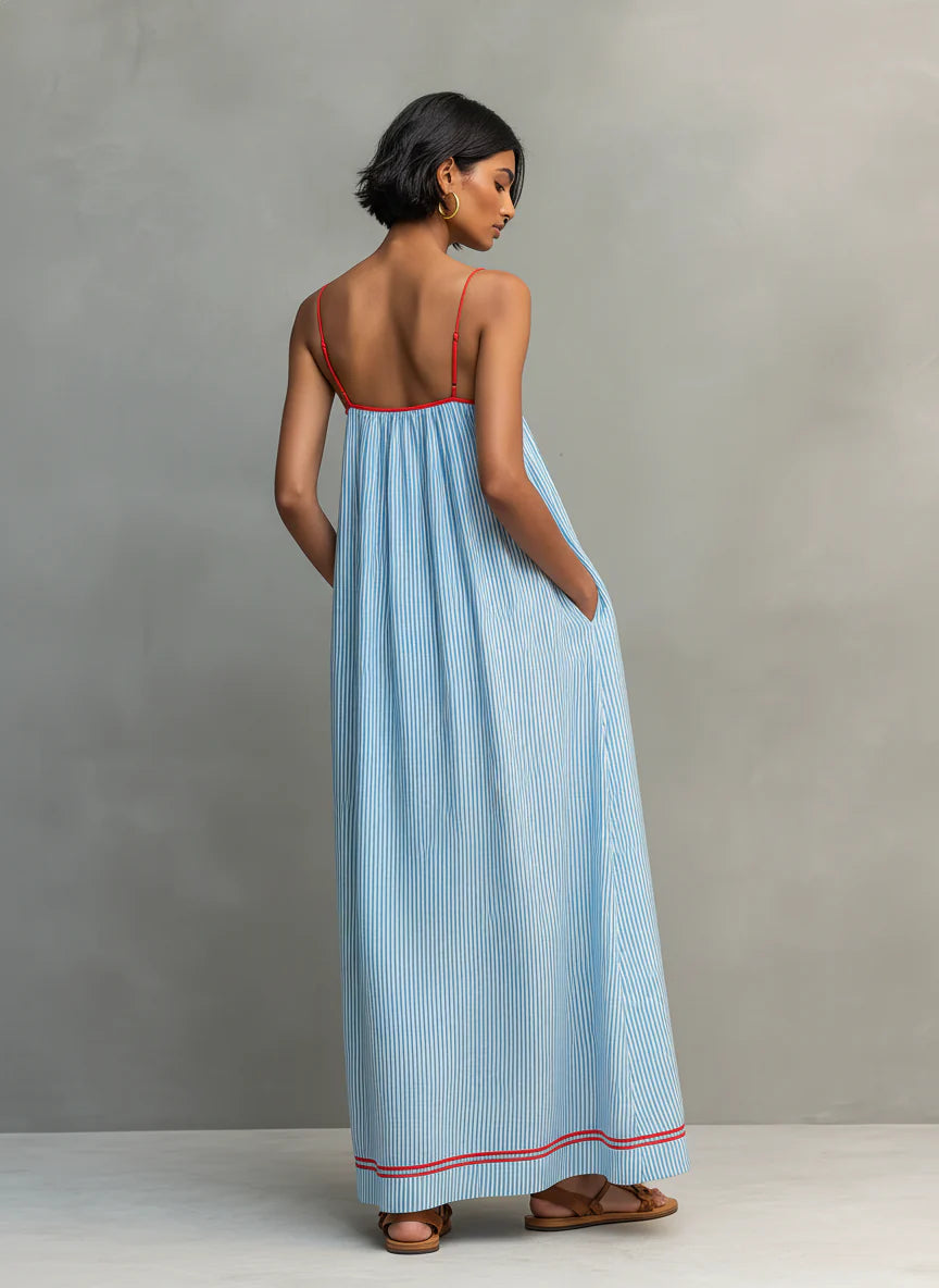 Striped Linen Spaghetti Strap Maxi Dress with Pockets