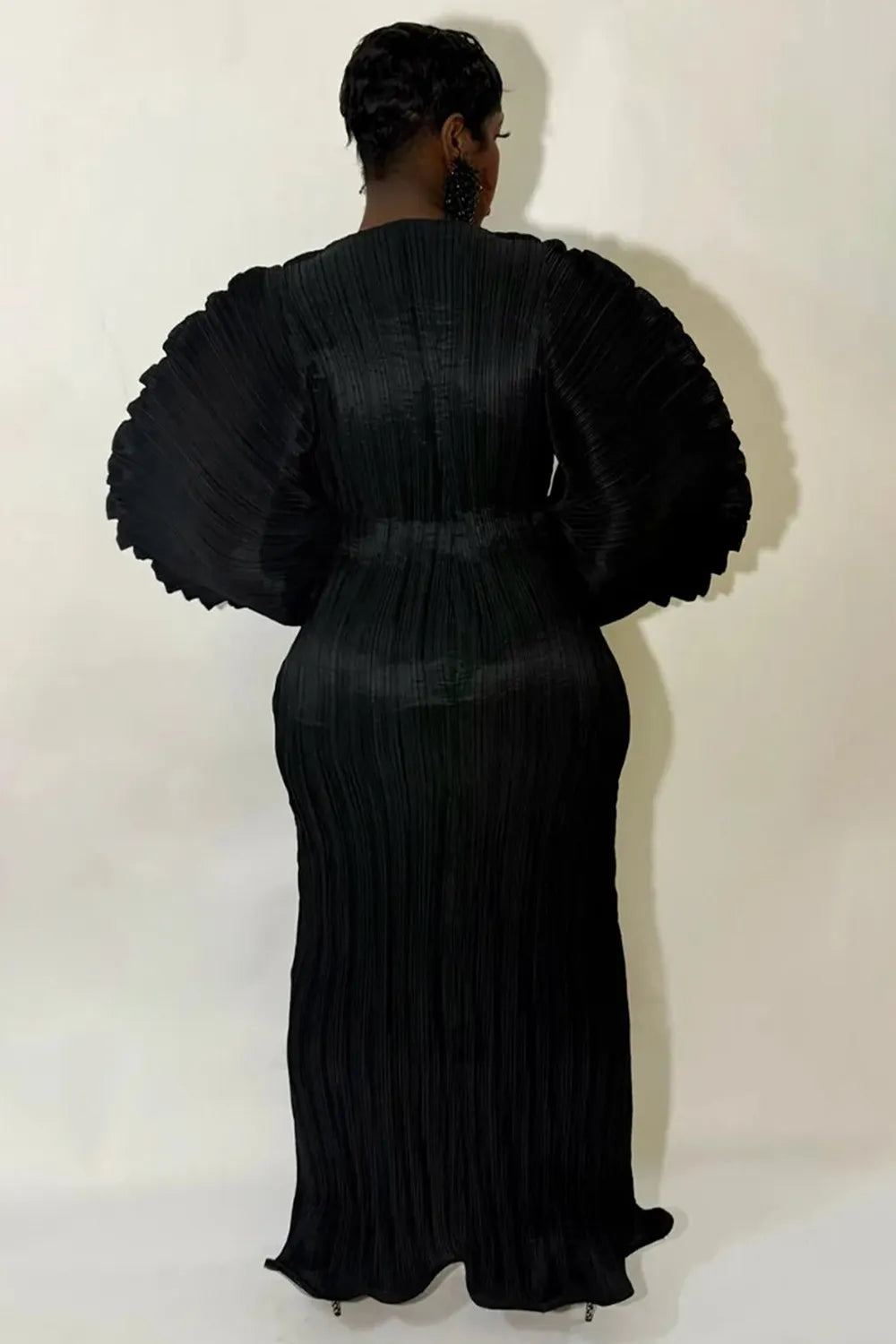 Round Neck Balloon Sleeve Ruched Cinch Waist Solid Color Maxi Dresses-Black