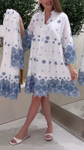 White Blue Embroidery Tiered Shirt Dress