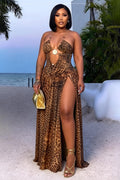 Halter Cut Out Leopard Print Slit Vacation Maxi Dresses-Brown