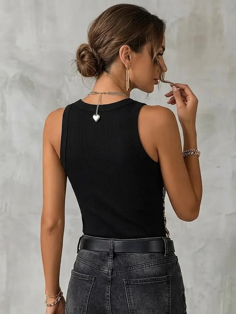 Stylish Sleeveless Knit Top With Sequins And Leopard Print