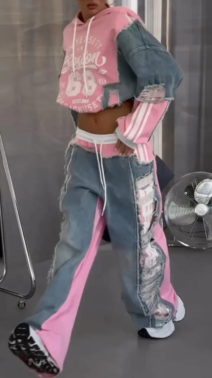Denim Patchwork Hoodie & Wide Leg Jeans Two Piece Set