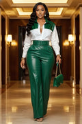 Turndown Collar Top High Waist Pants Casual Fit 2pcs Set-Green