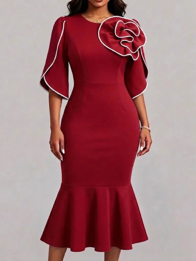 3d Floral Applique Flare Sleeve Mermaid Midi Dress