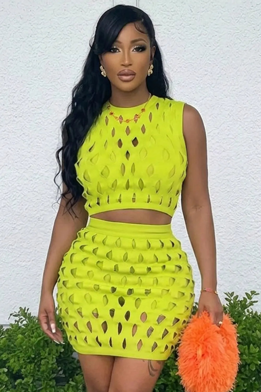 Hollow Round Neck Sleeveless Crop Top Mini Skirt 2pcs Set-Green