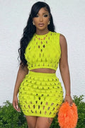 Hollow Round Neck Sleeveless Crop Top Mini Skirt 2pcs Set-Green