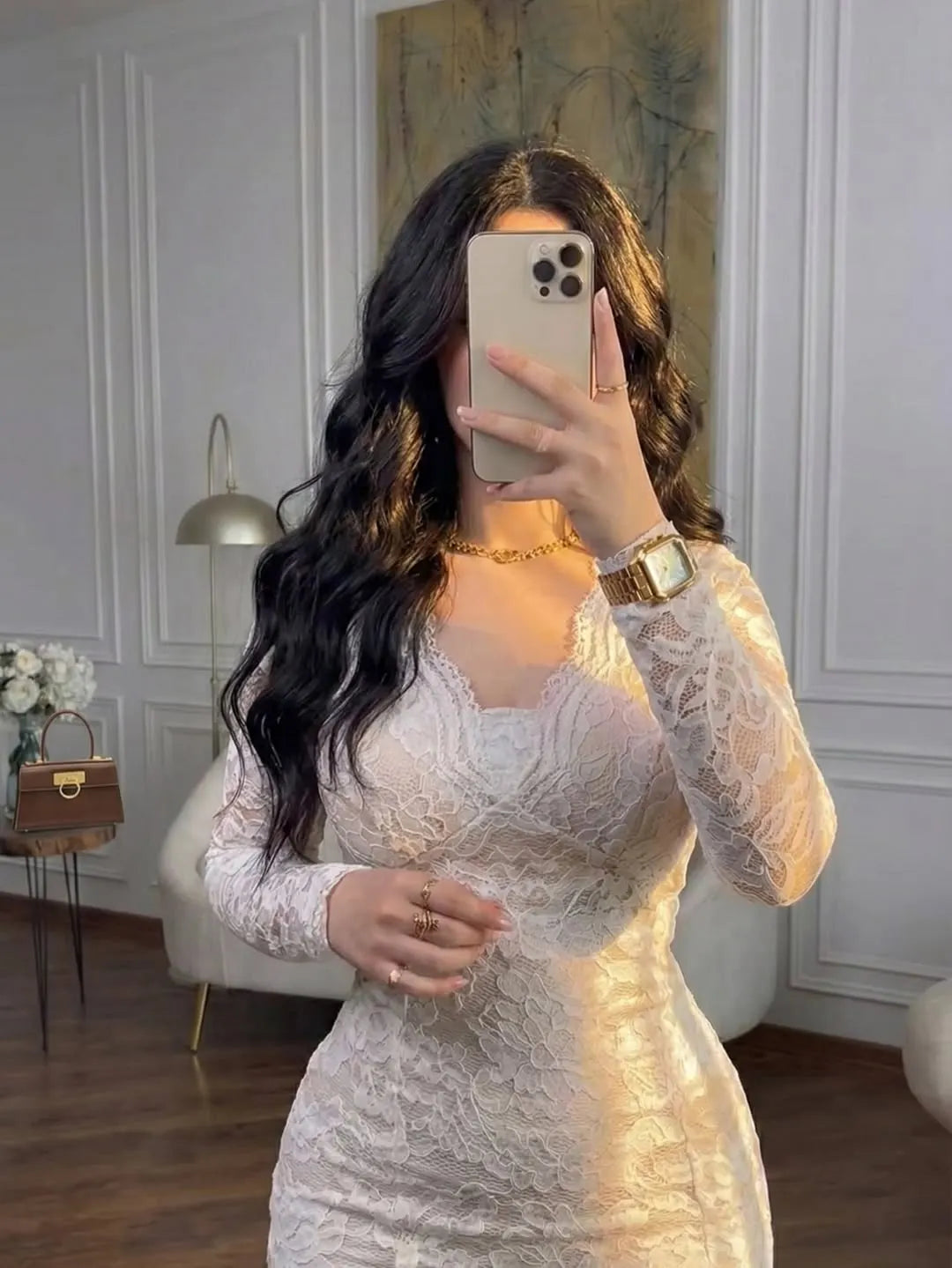 Elegant White V-Neck Lack Long Sleeves Mermaid Prom Dress YK0847