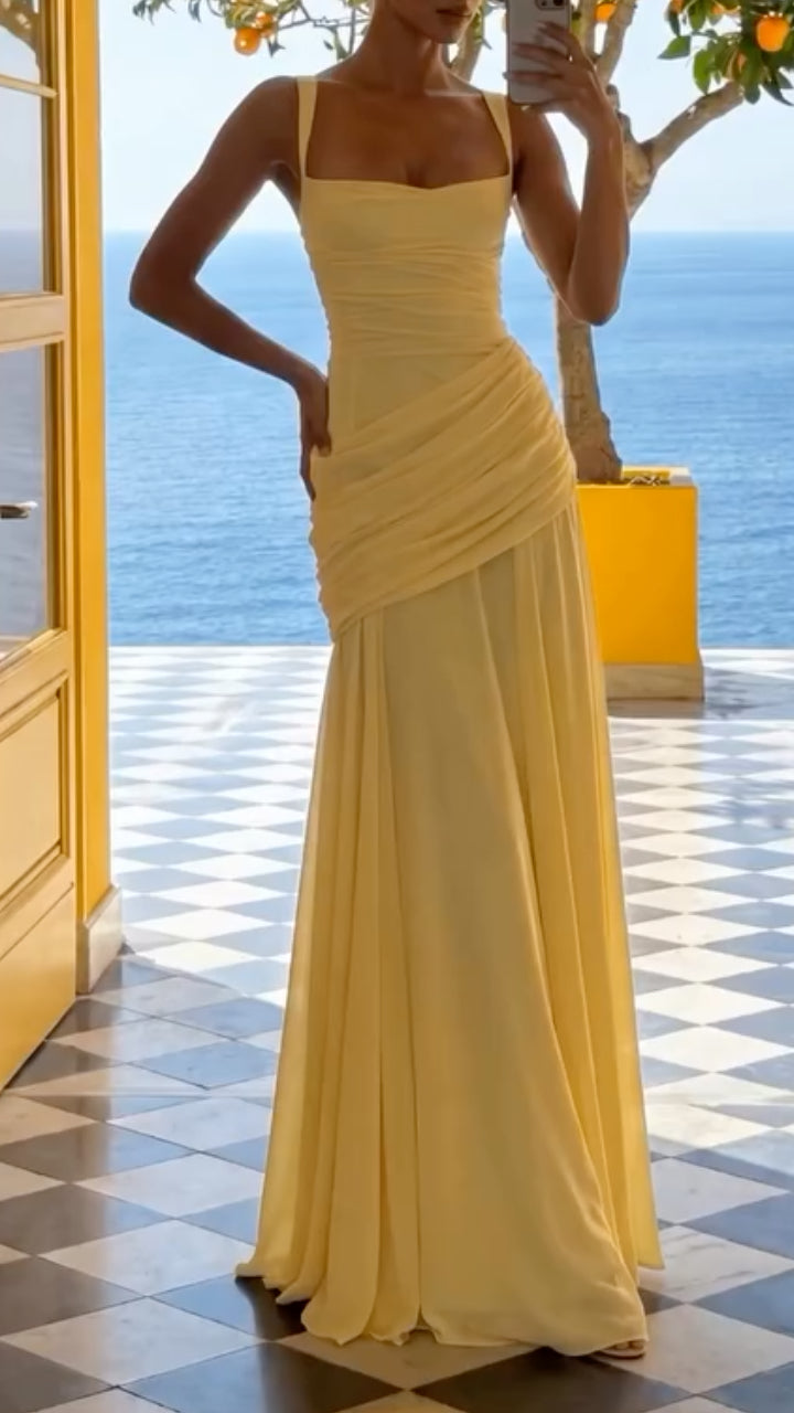 Yellow Square Neck Ruched Maxi Chiffon Gown