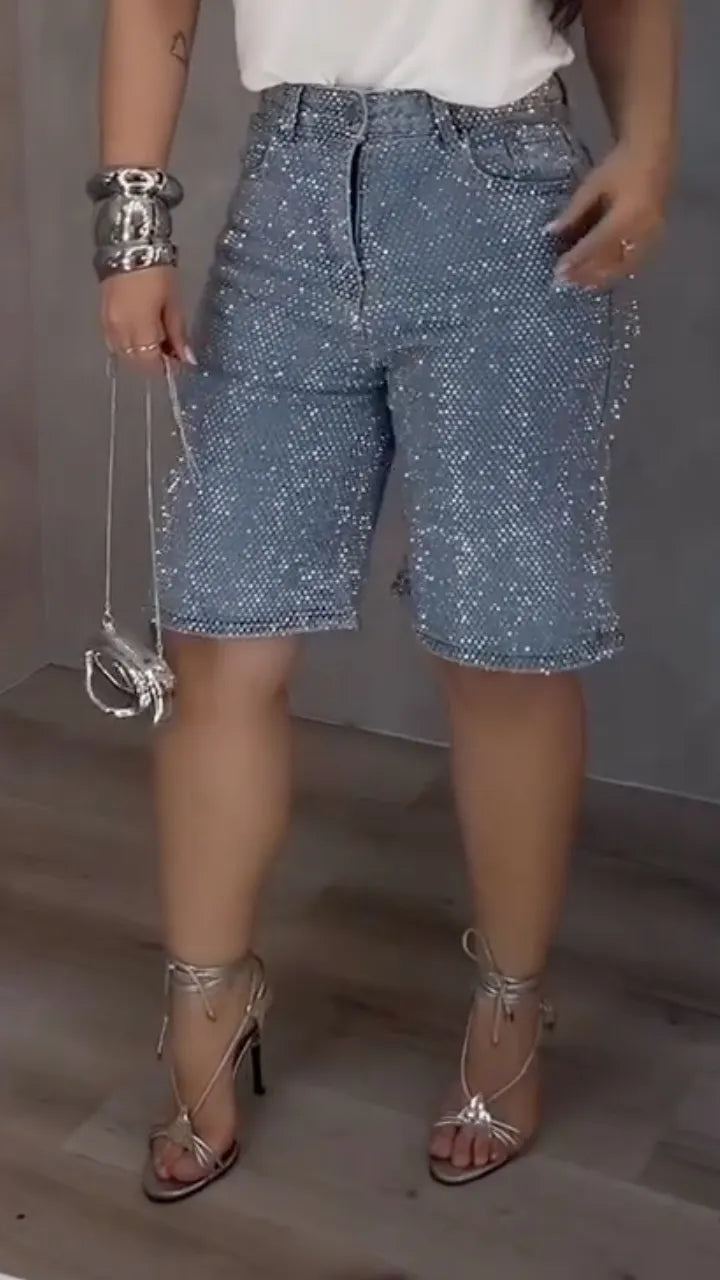 Washed Rhinestone Denim Bermuda Shorts