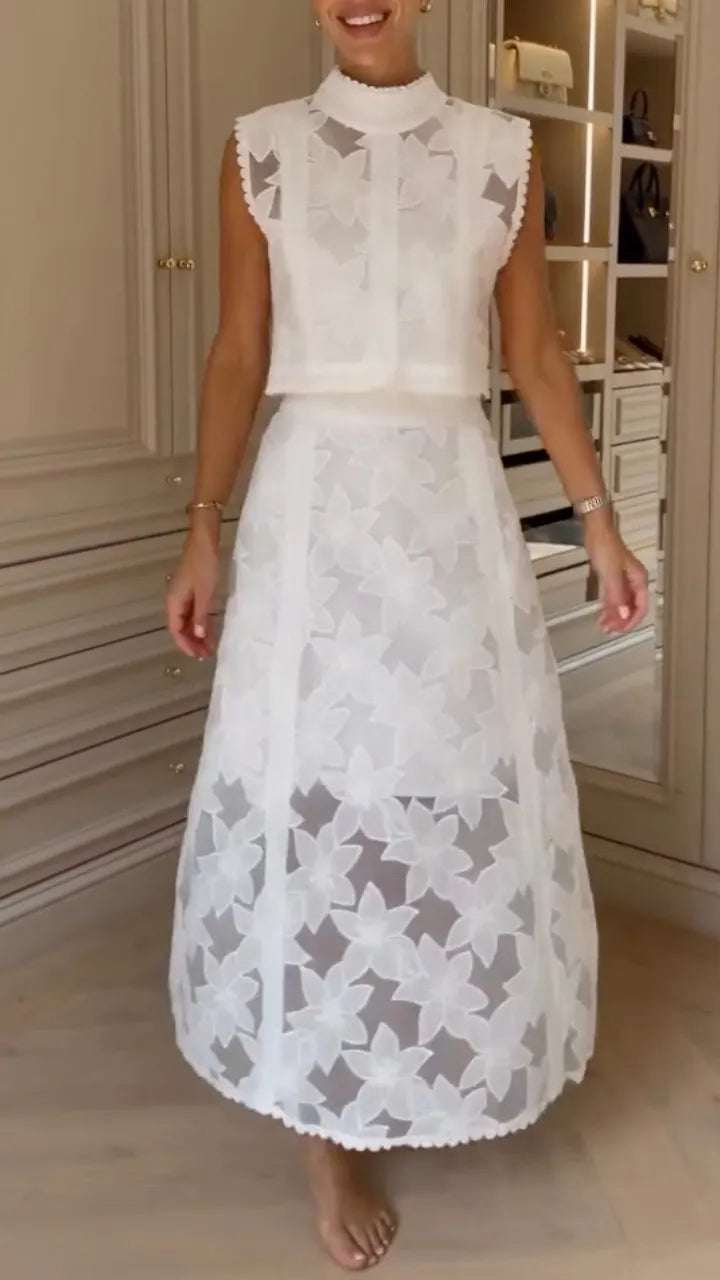 White Floral Lace Two‑Piece Midi Set
