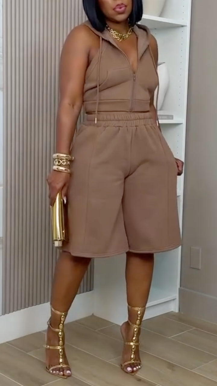 Hooded Zip Top And Bermuda Shorts Two Piece Set