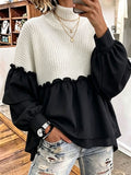 Chic Ruffle Color-block Mock Turtleneck Knit Top