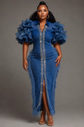Denim Rhinestone Fringe Midi Dress
