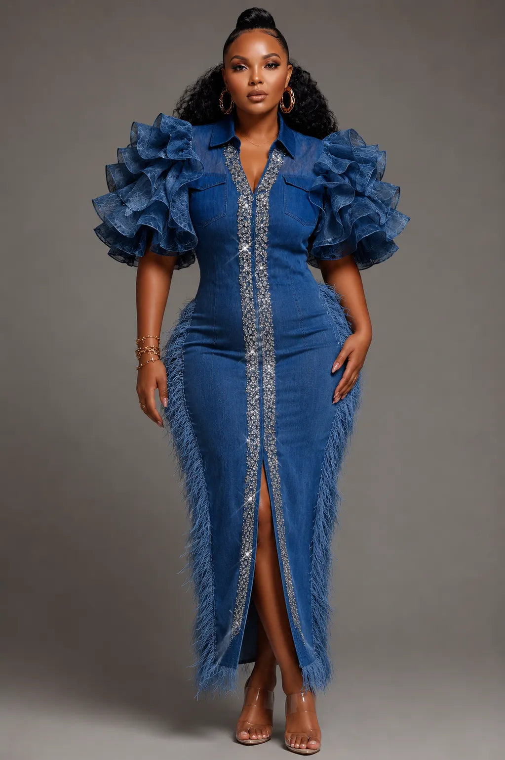 Denim Rhinestone Fringe Midi Dress