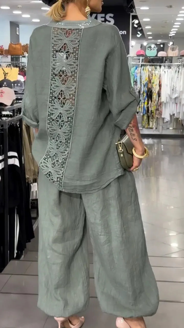 Linen Button Shirt And Wide Leg Pants Set