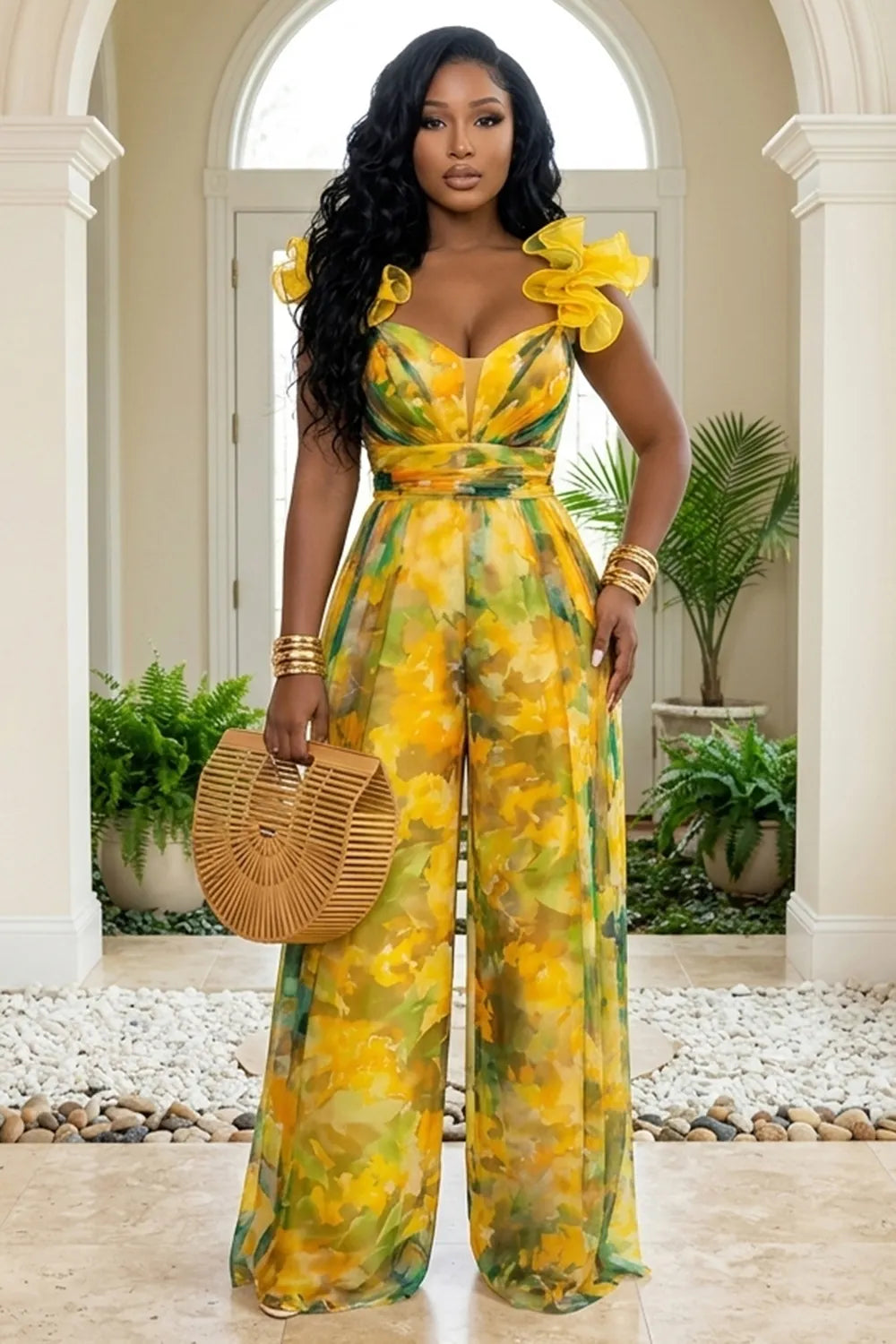 All Over Print Ruffle Trim Wide Leg Vacation Jumpsuit-Multicolor