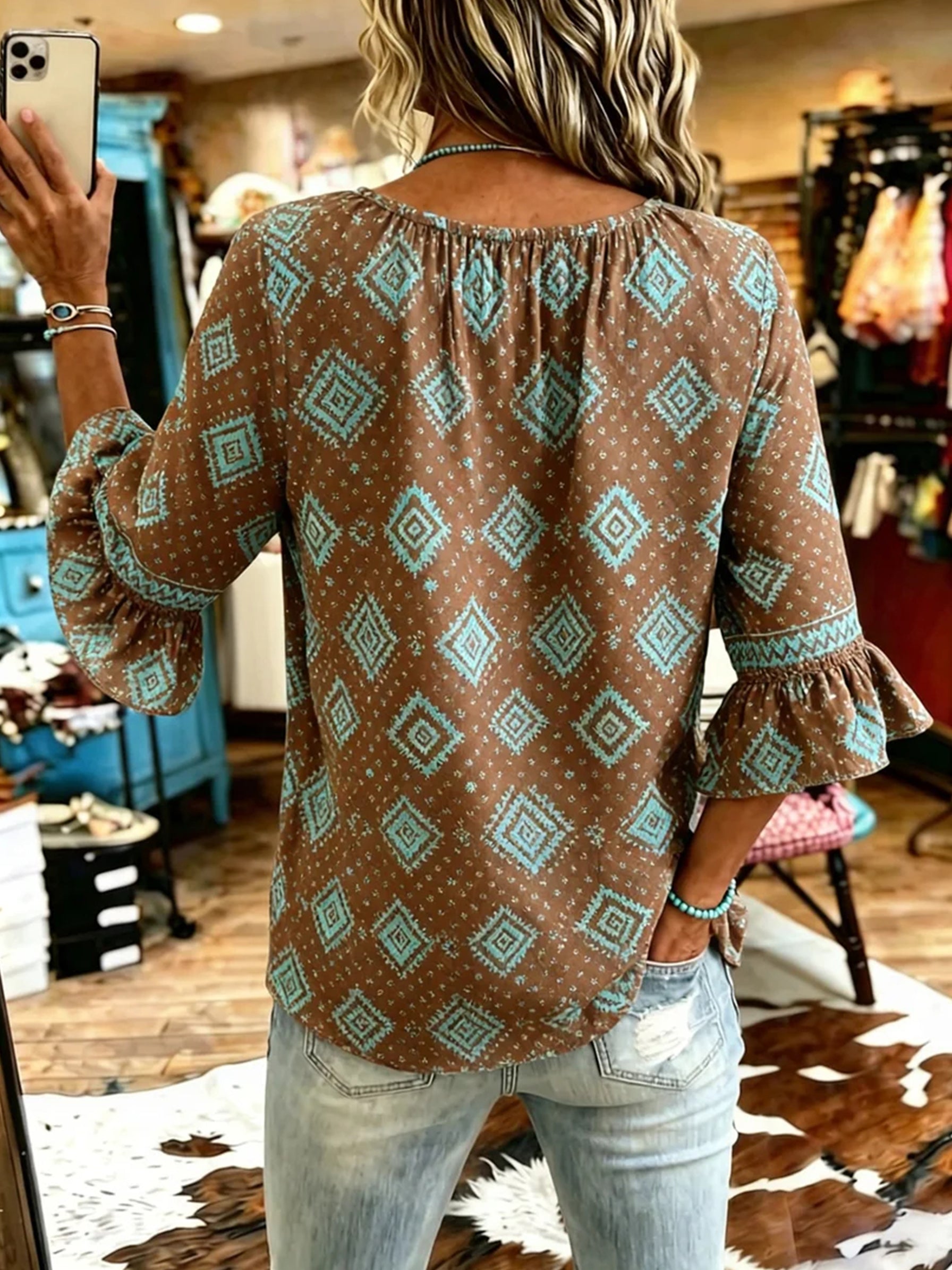Women's Vintage Aztec Print Patchwork Chiffon Casual Shirt