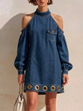Halter Cold‑shoulder Metal Eyelet Denim Mini Dress