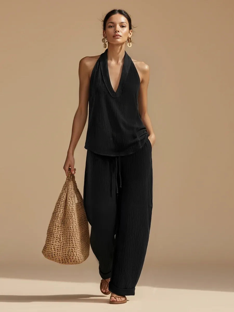 Casual Urban Style White Linen V-neck Sleeveless Top And Wide Leg Pants Set