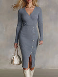 Women's Solid Color V-neck Long Sleeve Casual Loose Slit Knit Dress