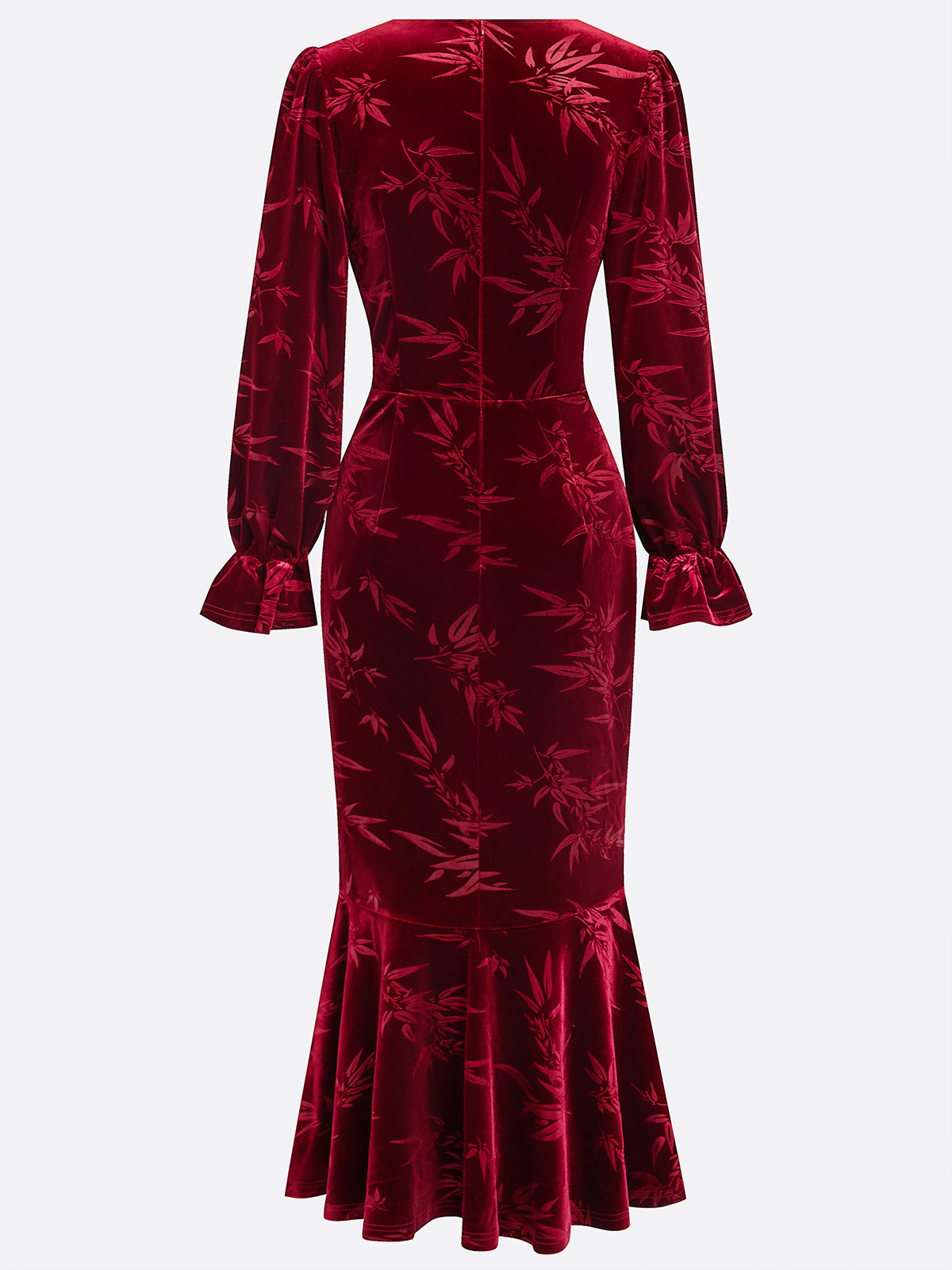 Wine Red Embossed Jacquard Velvet V Neck Long Sleeve Bell Sleeve Mermaid Maxi Dress