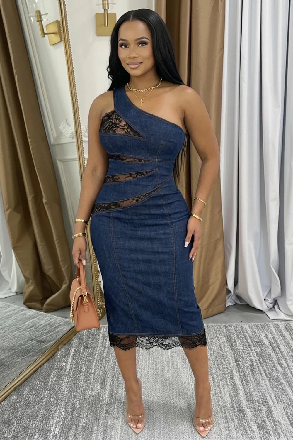 Denim One Shoulder Lace Patchwork Slim Casual Maxi Dresses-Navy