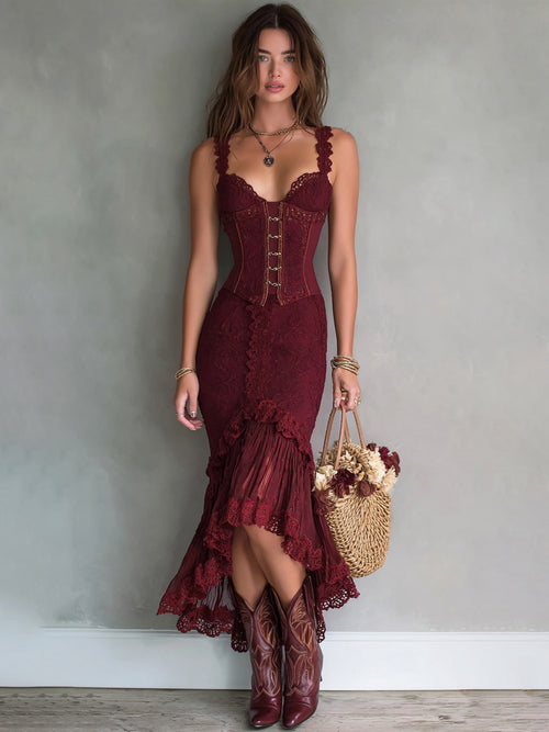 Lace Corset Midi Dress With Ruffled Hem And Front Lace-Up Detail