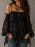 Boho Romantic Black Sheer Chiffon Smocked Bodice Blouse