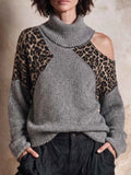 Women's Stand Collar Leopard Print Patchwork Long Sleeve Casual Loose Knit Top