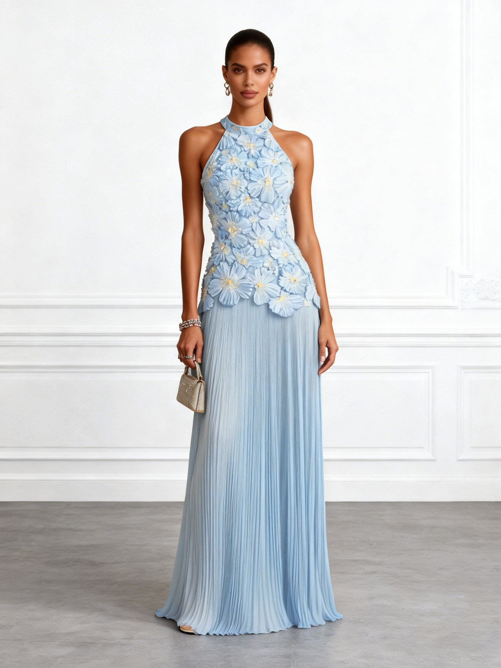 Light Blue Jacquard Chiffon Halter Neck Sleeveless A-Line Floor-length Gown Dress