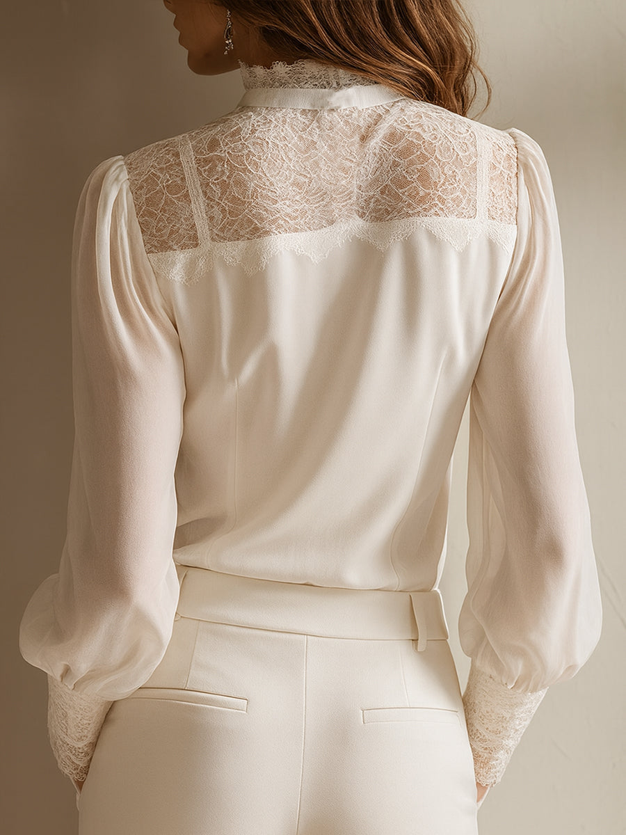 Retro Elegant Lace Stand-up Collar Tie Neck Chiffon Blouse