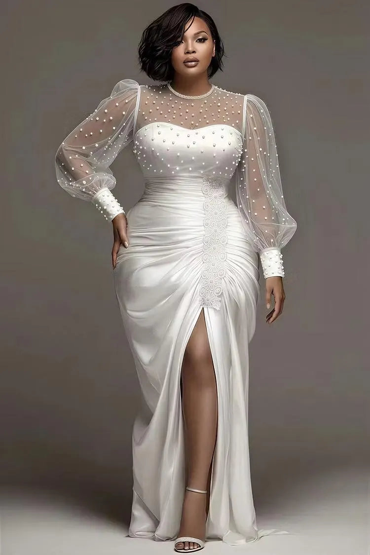 Pearl Beaded Satin Mermaid Evening Gown