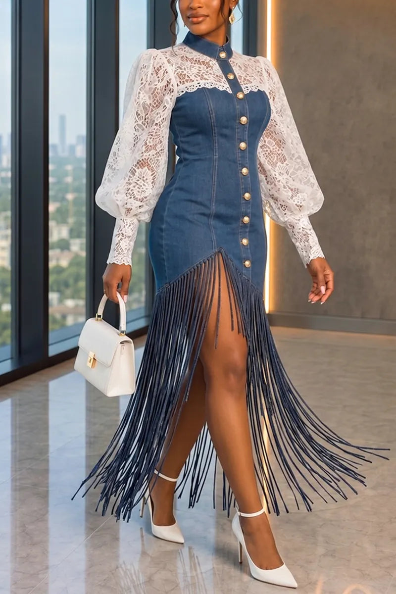 Women's Casual Lace Patchwork Puff Sleeve Fringe Hem Denim Dress