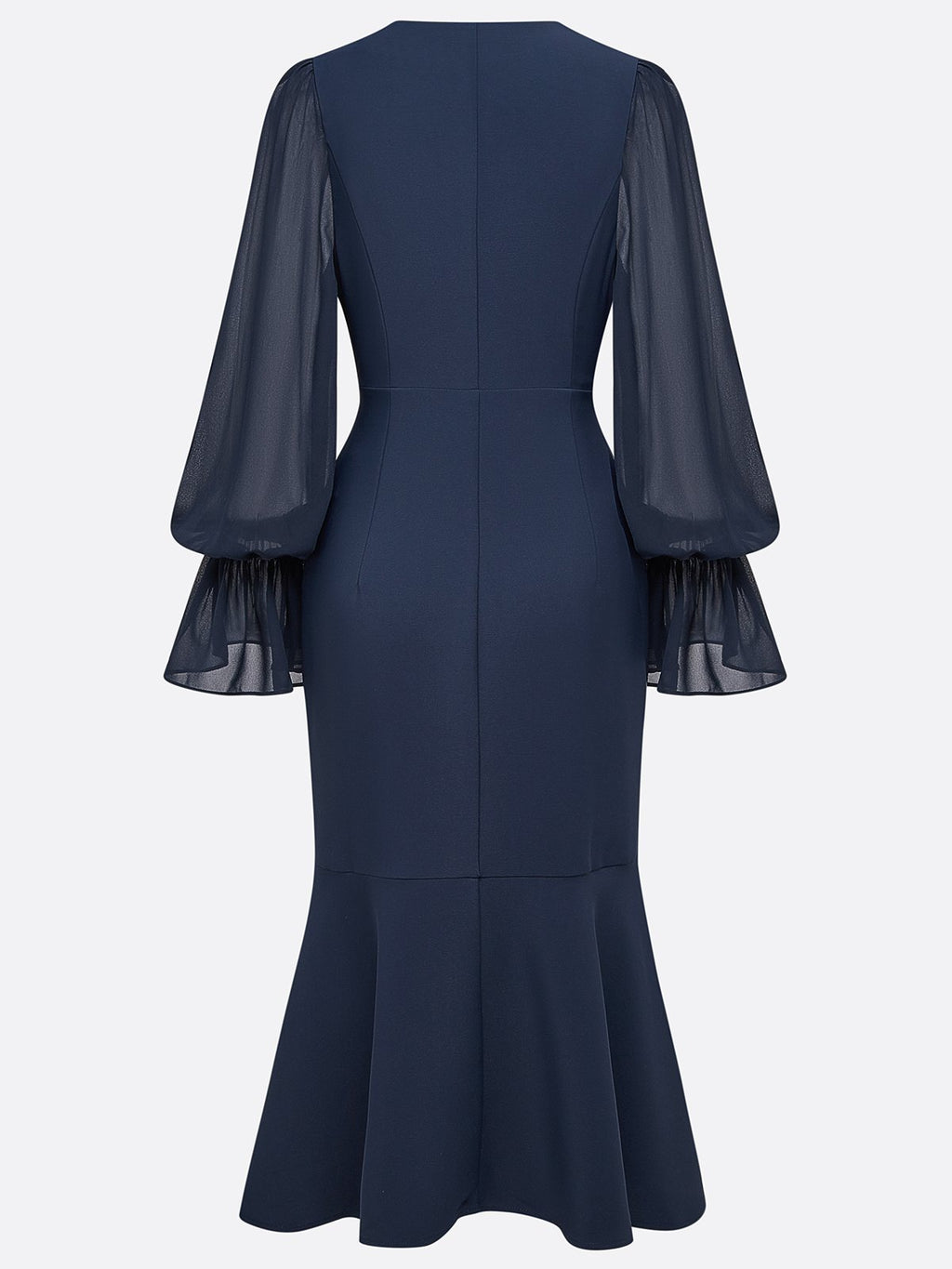 Purplish Blue Buckle Classic V Neck Long Sleeve Bell Sleeve Mermaid Midi Dress