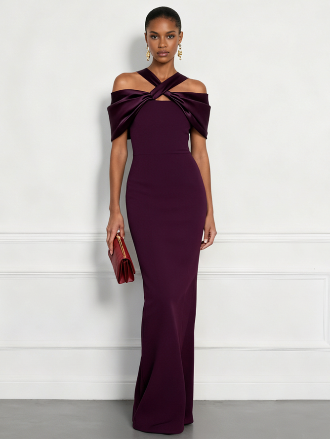 Burgundy Cross Bow Classic Off The Shoulder Sleeveless Sheath Floor Length Dress