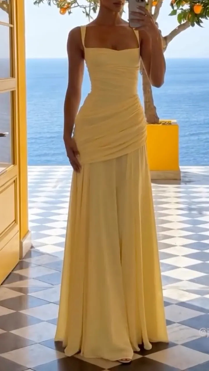 Yellow Square Neck Ruched Maxi Chiffon Gown