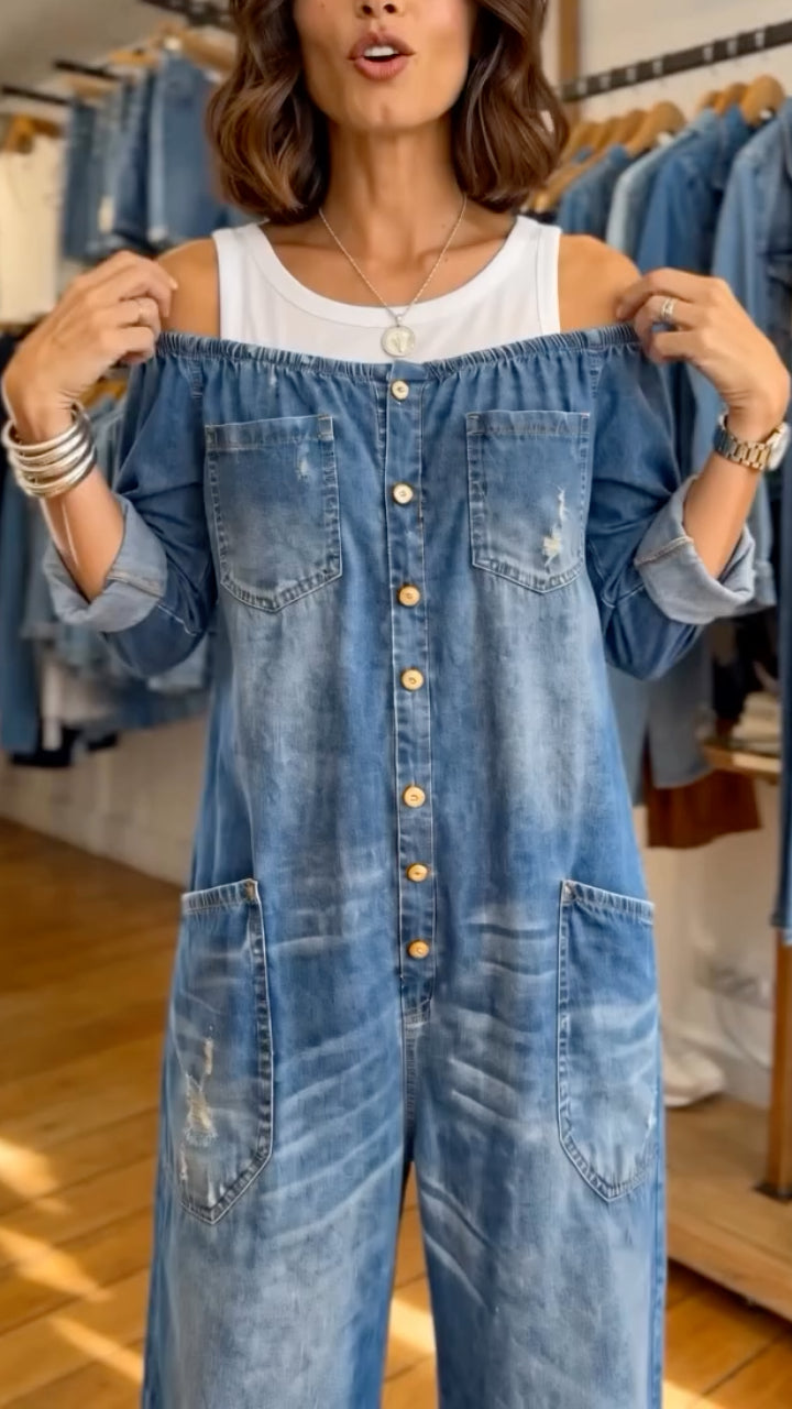 Women's - Faux Two-Piece Denim Jumpsuit