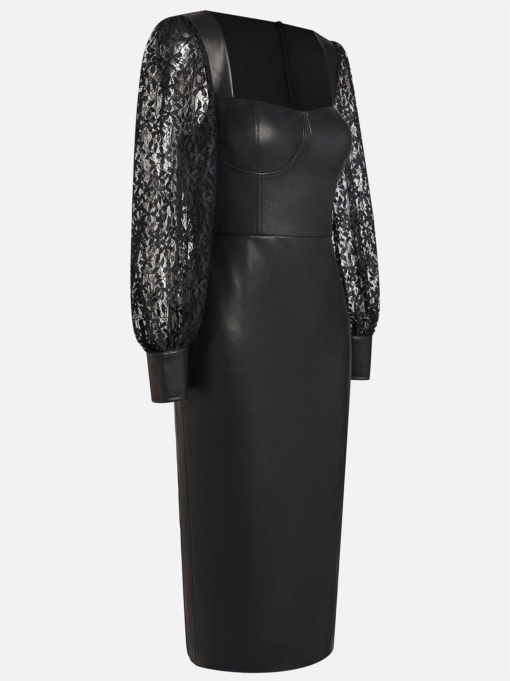Black Lace Faux Leather Square Neck Long Sleeve Balloon Sleeve Sheath Midi Dress
