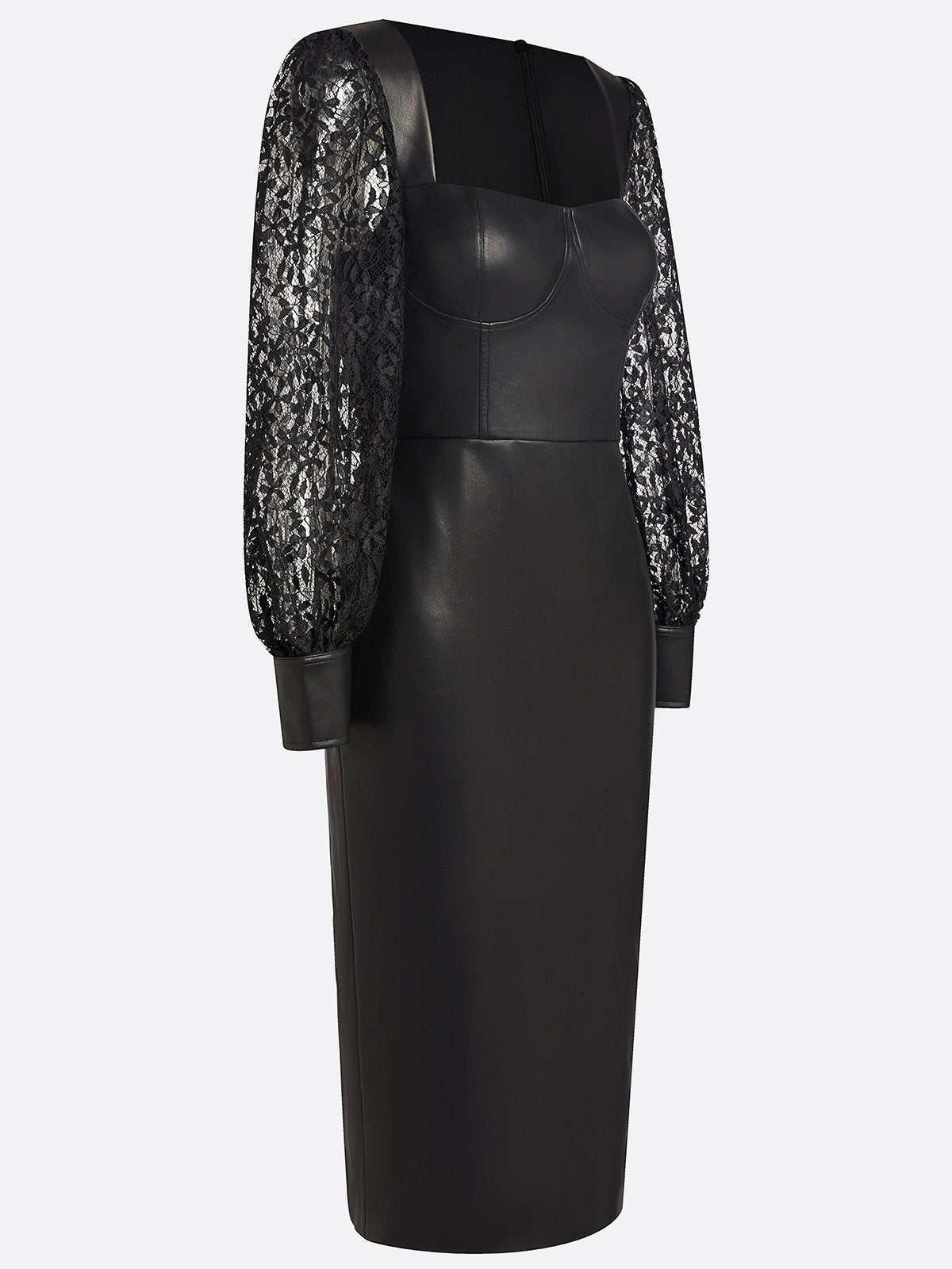 Black Lace Faux Leather Square Neck Long Sleeve Balloon Sleeve Sheath Midi Dress